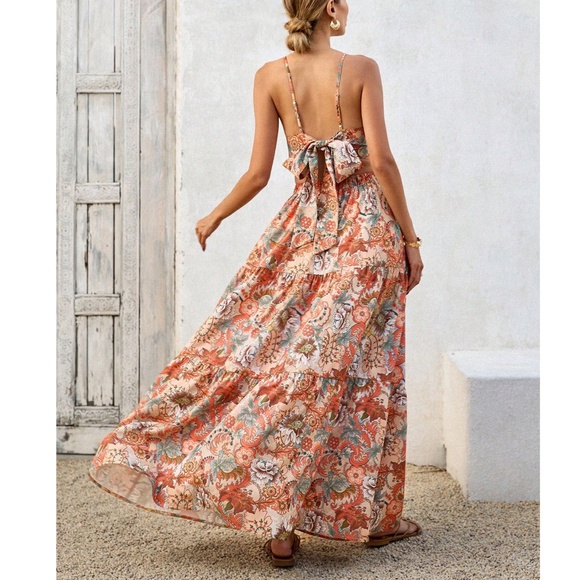 Boho Floral Print Crochet Back Tie Cami Crop Top maxi Skirt Set - Picture 3 of 6